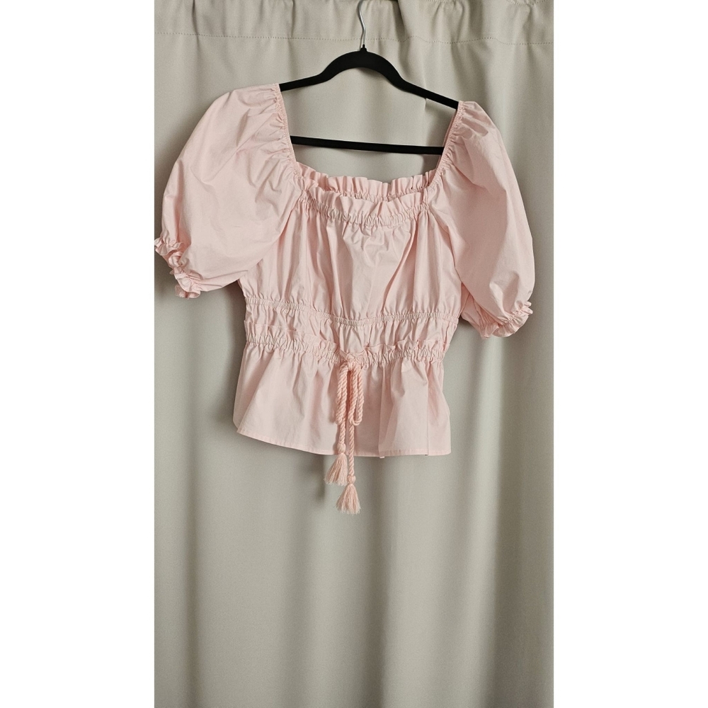 Moon River Light Pink Peasant Puff Sleeve Top